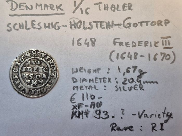 coin Denmark 1648  silver thaler 1.16 Frederick 3