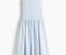 H&M smocked seersucker dress blue check print Size S