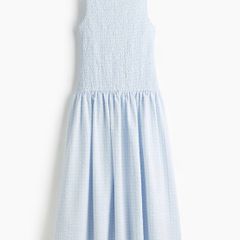 H&M smocked seersucker dress blue check print Size S