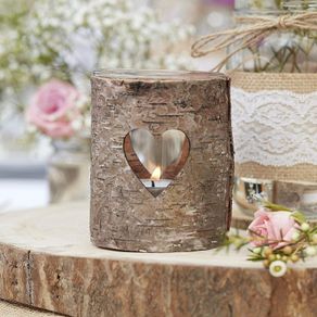 Natural Wood & Glass with Heart Wedding Tea Light Holders Rustic Country