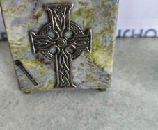 VTG Shannon Giftware Handmade Celtic Metal Cross Ireland Real Connemara Marble on attashed to standing  Base