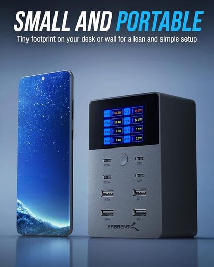 SABRENT 252W Charger - 8-Port USB PD 3.0 with LCD Display, Fast Charging for USB-C & USB-A Devices, Laptops, Phones, Tablets, Gaming Consoles - PPS, Overcharge Protection, Travel-Friendly (AX-8PTC)