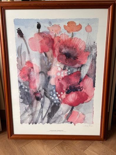 Framed watercolour painting of poppies