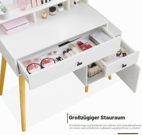 Dressing Table with Hollywood LED Mirror, Light Adjustable Brightness, Dressing Table, Padded Stool Set, White, Wooden Cosmetic Table with Drawer and Storage Cabinet