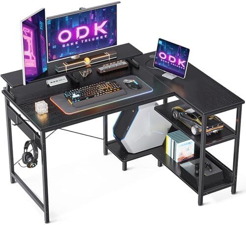 Small Corner Desk, 120 x 50 cm Gaming Desk with Reversible Storage Shelves, L Shaped Desks with Monitor Stand and PC Stand for Home Office, Computer Desks with Headphone Hooks, Black