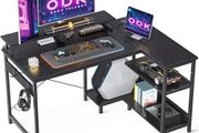 Small Corner Desk, 120 x 50 cm Gaming Desk with Reversible Storage Shelves, L Shaped Desks with Monitor Stand and PC Stand for Home Office, Computer Desks with Headphone Hooks, Black