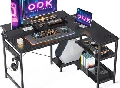 Small Corner Desk, 120 x 50 cm Gaming Desk with Reversible Storage Shelves, L Shaped Desks with Monitor Stand and PC Stand for Home Office, Computer Desks with Headphone Hooks, Black