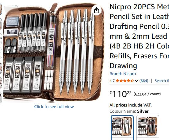 26PCS Metal Mechanical Pencil Set in Leather Case, Art Drafting Pencil 0.3, 0.5, 0.7, 0.9 mm