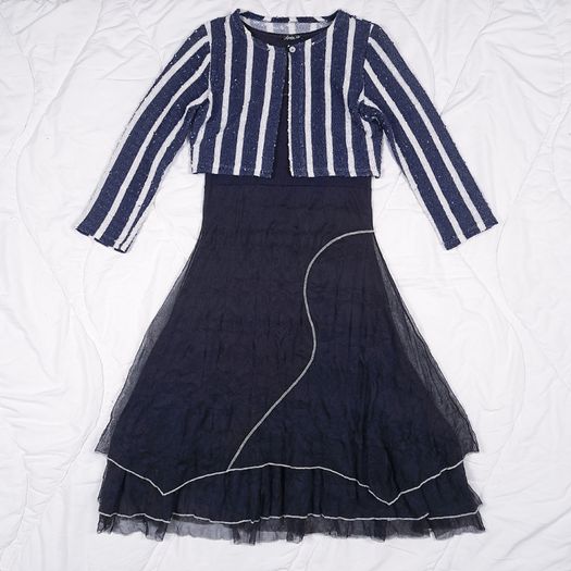 Sophie B Navy Blue White Striped Bolero Cardigan Tiered Mesh Midi Dress 12UK/40EU