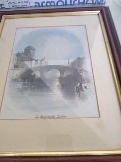 Framed Coloured 1840 The Four Courts, Dublin Original Antique Engraving - Ireland - Mounted and Matted .