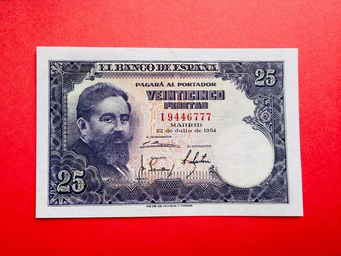 Spain  25 Pesetas  1954  Pick 147a  Scarce  Without Letter  ( Uncirculated )