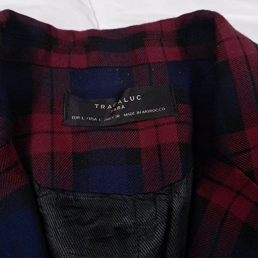 Zara Burgundy Red & Navy Blue Tartan Plaid Tailored Blazer Jacket Size L