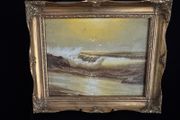 Vintage Framed Oil Painting - Coastal Seascape &amp; Waves (31.5 x 26.5 cm)