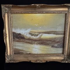 Vintage Framed Oil Painting - Coastal Seascape & Waves (31.5 x 26.5 cm)