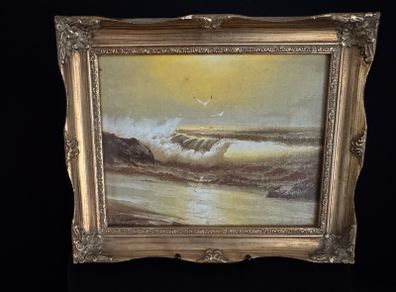 Vintage Framed Oil Painting - Coastal Seascape & Waves (31.5 x 26.5 cm)