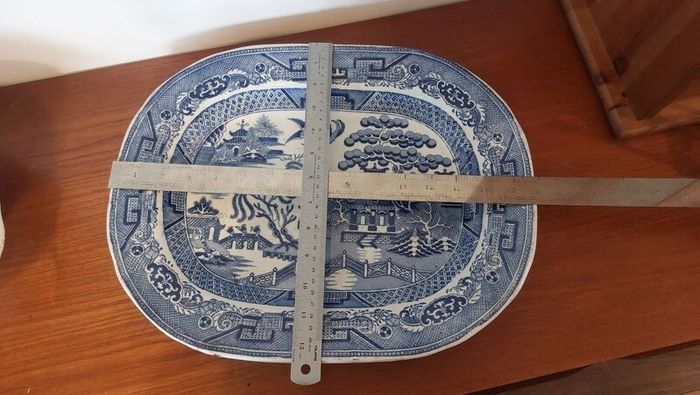 Beautiful Antique Blue and White Transferware Willow Pattern Large Platter, Unknown Maker, Circa 1860's, Most Likely Staffordshire Made