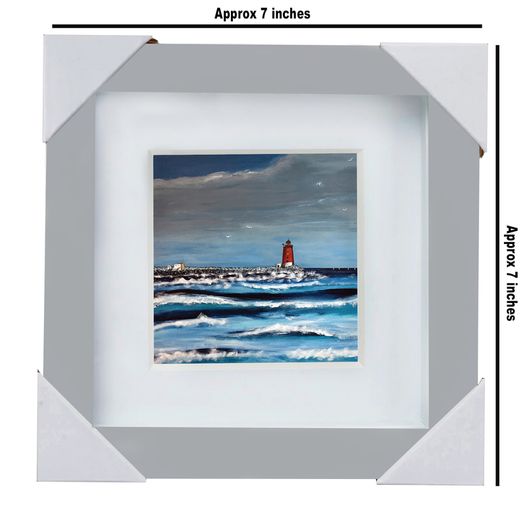 Poolbeg Lighthouse & Waves, Dublin, 4x4in framed print by artist Helen Mathews