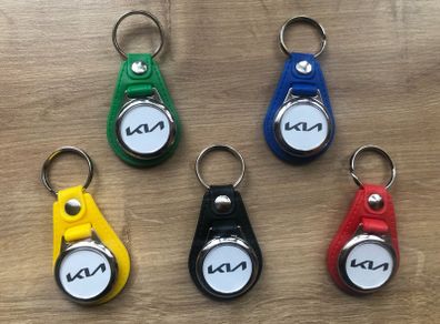 Brand new synthetic leather Kia key ring with shopping trolley token/coin