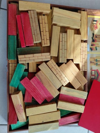 Vintage box of wooden blocks to make buildings
