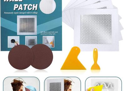 4'' By 4'' Wall Repair Patch, 5 Pcs Plasterboard Patch, Plaster Repair Kit, Safe Mend Plaster, Safe mend Drywall Adhesive, Filler For Walls Ceiling Hole, Self Adhesive Aluminum Mesh Wall Repair