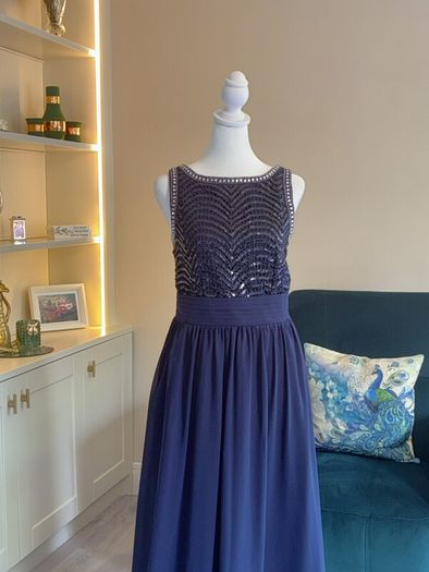Navy and Silver Sequin Long Dress Size UK 14 / EU 42