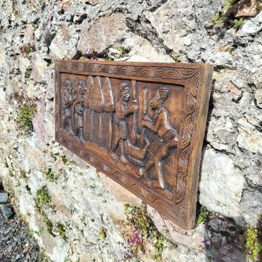 Vintage African Hand-Carved Wood Wall Relief Panel (29x64 cm