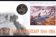 1994 Guernsey 50th Anniversary of D-Day 1944-1994 Philatelic Numismatic Cover (PNC) Cover with UK2 miniature sheet and UK2 Memorial Coin