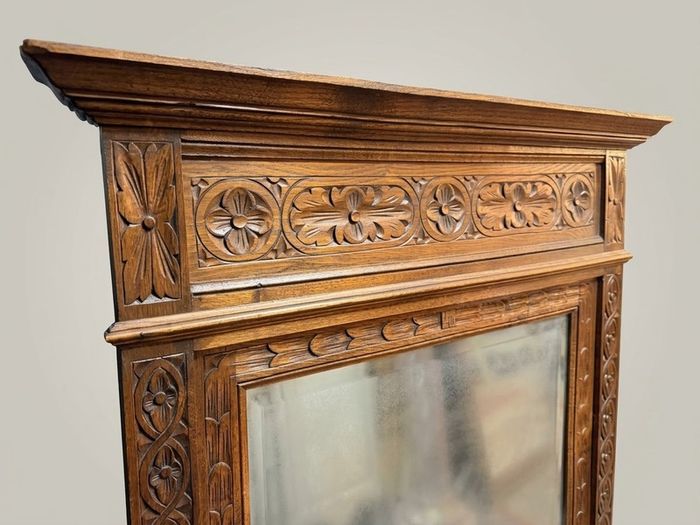 Late 19th Century Belgian Gothic Carved Oak Beveled Mirror