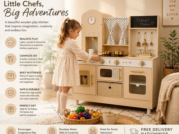 Wooden Kids Play Kitchen with Lights and Sounds Cream