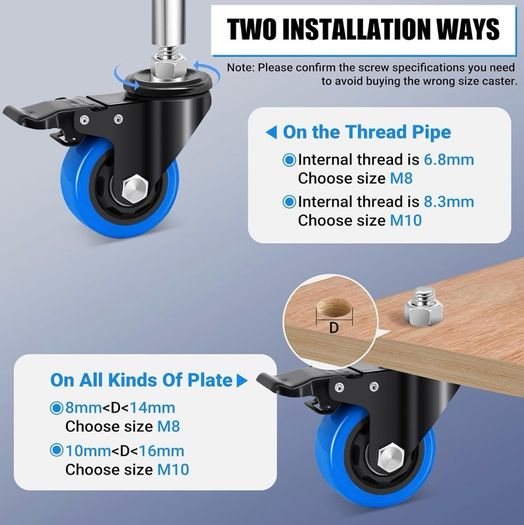 75 mm Castor Wheel, M8 x 1.25 x 25 mm (Shaft Diameter 7.5 mm, Shaft Length 25 mm), Load Capacity 1100LB, Blue Polyurethane Caster Wheel for Furniture, Barbecues, Trolley, Transport,Set of 4