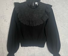 Other Stories Embroidered Bib Sweater Sz 8UK  S Black Ruffle Dark Academia