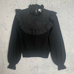 Other Stories Embroidered Bib Sweater Sz 8UK  S Black Ruffle Dark Academia