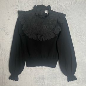 Other Stories Embroidered Bib Sweater Sz 8UK  S Black Ruffle Dark Academia