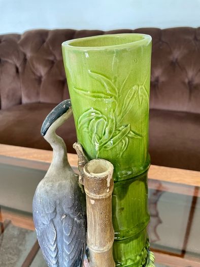 Antique Art Pottery Bretby Pottery 1890s Bamboo and Stork Large Spill Vase