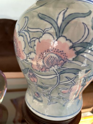 Pretty Oriental Pastel Floral Ginger Jar Lamp Base with Wooden Plinth Base