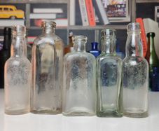 243 - Set of 5 Vintage Clear Glass Cork Top Collectible Decorative Bottles