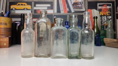 243 - Set of 5 Vintage Clear Glass Cork Top Collectible Decorative Bottles