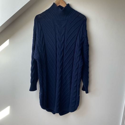 REISS Laura Navy Blue Cable Knit Wool Blend Sweater Dress Tunic Mock Neck Size M