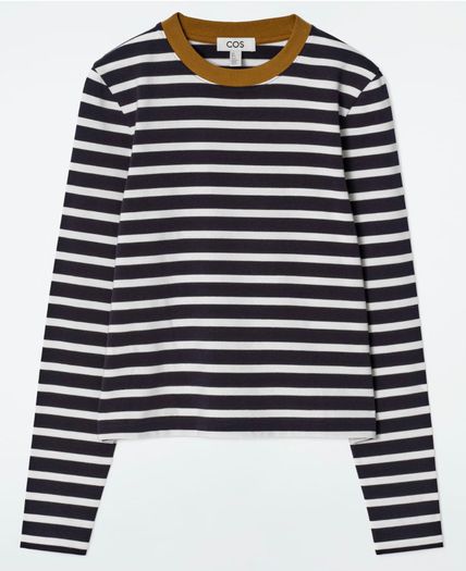 COS Navy and Cream Stripe Long Sleeve Top with Green/brown Trim - Size L