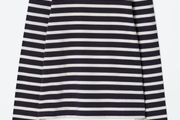 COS Navy and Cream Stripe Long Sleeve Top with Green/brown Trim - Size L