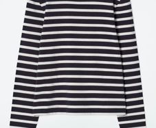 COS Navy and Cream Stripe Long Sleeve Top with Green/brown Trim - Size L