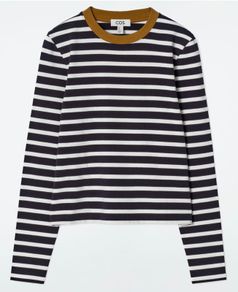 COS Navy and Cream Stripe Long Sleeve Top with Green/brown Trim - Size L