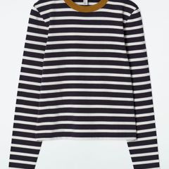 COS Navy and Cream Stripe Long Sleeve Top with Green/brown Trim - Size L