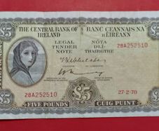 Irish 1970  Lavery Five pound banknote in Fine condition