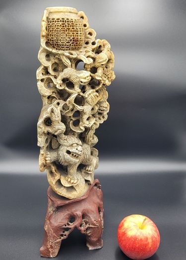 Large Antique 19th/20th Century Chinese Qing Soapstone Foo Dog Carving