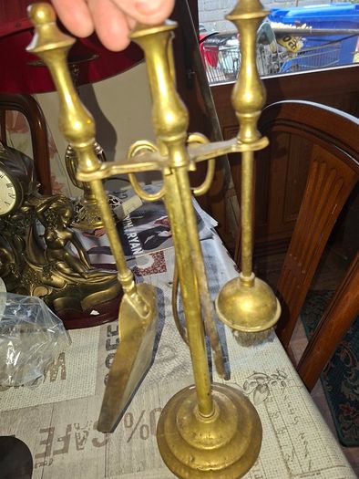 A Vintage Brass Fireplace Companion set, a Brush, Tongs, Shovel and Poker suspended on a stand, Postage available or Collection