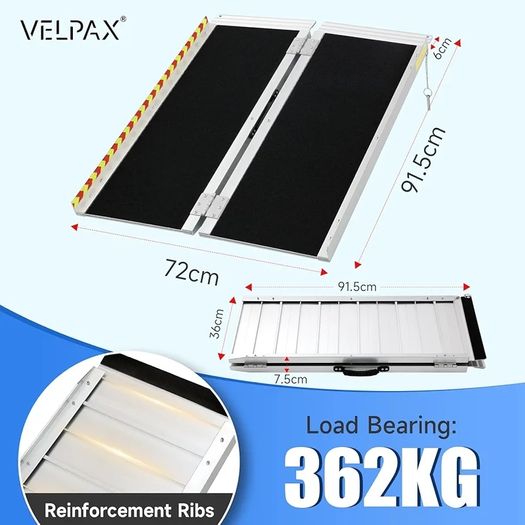 Wheelchair Ramp,91.5cm Folding Portable Aluminum Ramp, 362kg Capacity,with Transition Plate and Reflective Warning Stickers, for Wheelchair Scooters Power Chairs Walkers Metallic