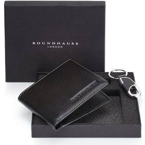 RFID Real Leather Wallet/W Key Holder Gift Box Set (Black) Mens Slim Credit Card Holder Organiser Money Purse Present for Gents.