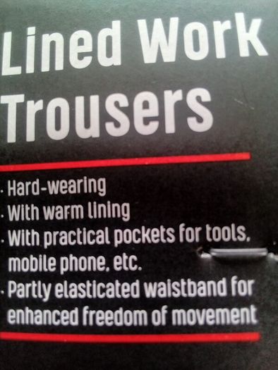 mens work trousers fully lined and water repellent outer. Size w 40 leg 31