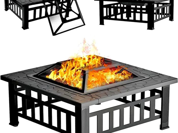 Fire Pits for Garden, Multifunctional 3 in 1 Bbq Fire Pits Table, Metal Square Outdoor Wood & Charcoal Burning Fire Pits With Mesh Screen Lid and Poker for Heating BBQ Bonfire Drink Cooling
